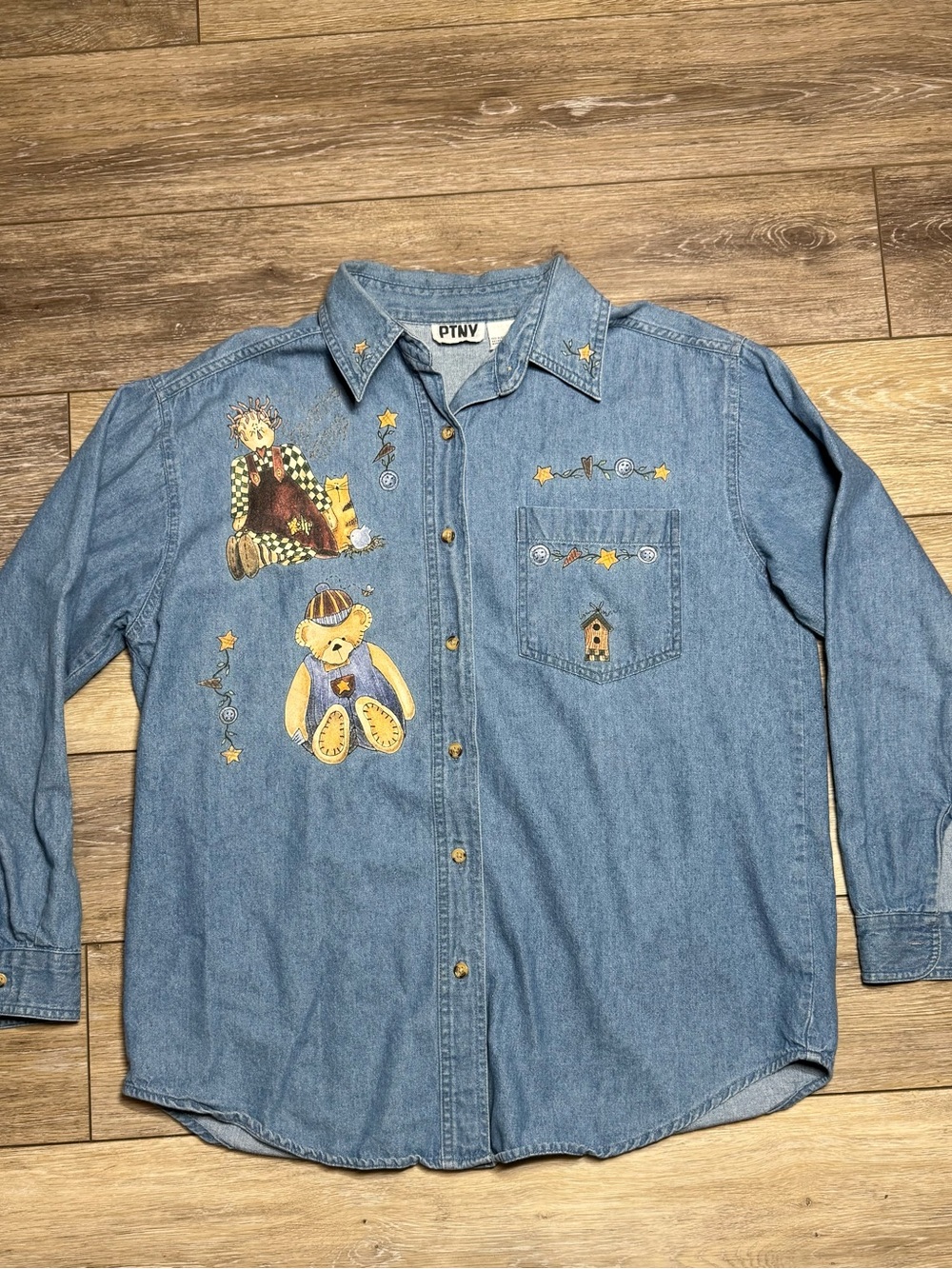 PTNY Light Blue Denim Button-Down Shirt with Embroidered Teddy Motifs